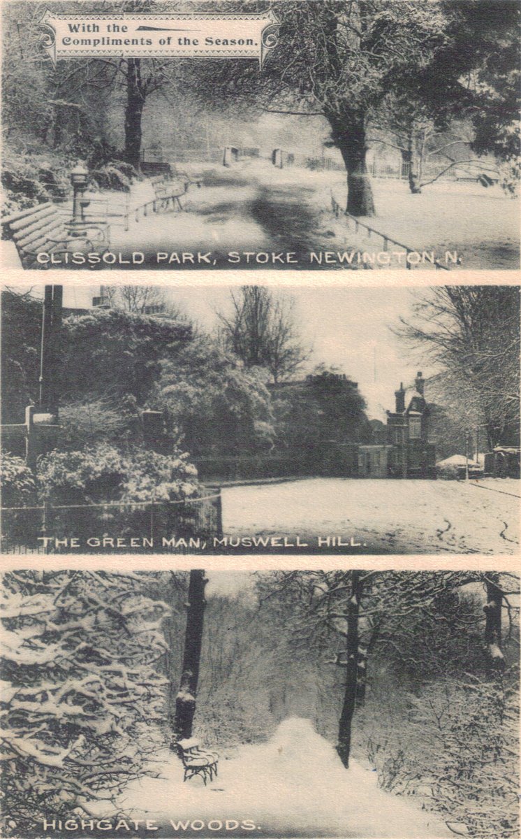 It's beginning to look a lot like Christmas!
Seasons Greetings with this snowy triple-view Edwardian postcard, #HighgateWoods, #MuswellHill #ClissoldPark