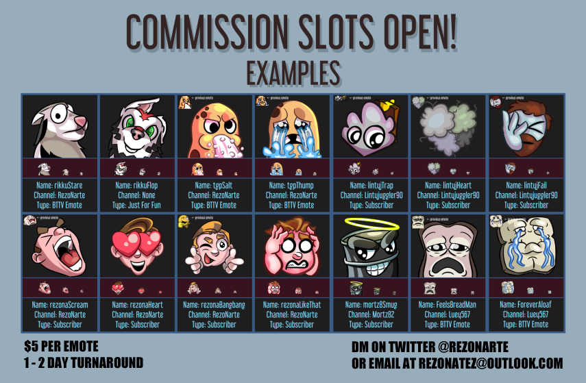 Reyonetta's tweet photo. Alright, since no one is biting and I'm desperate.

Doing emotes OR avatars. $5 a piece. Sketch approval before payment. 1 - 2 day turnaround. 5 slots open. DM on Twitter or e-mail me at rezonatez@outlook.com if interested. https://t.co/QjzM9jkxpu