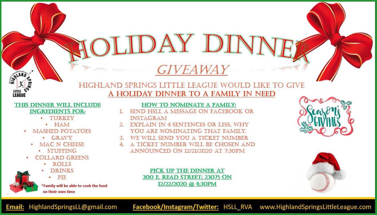 HSLL_RVA's tweet photo. HSLL would like to bless a family in need with the ingredients for a wonderful holiday dinner. Send us a private message on Facebook or Instagram to nominate a family and tell us how awesome they are. https://t.co/hHEtoinH0i