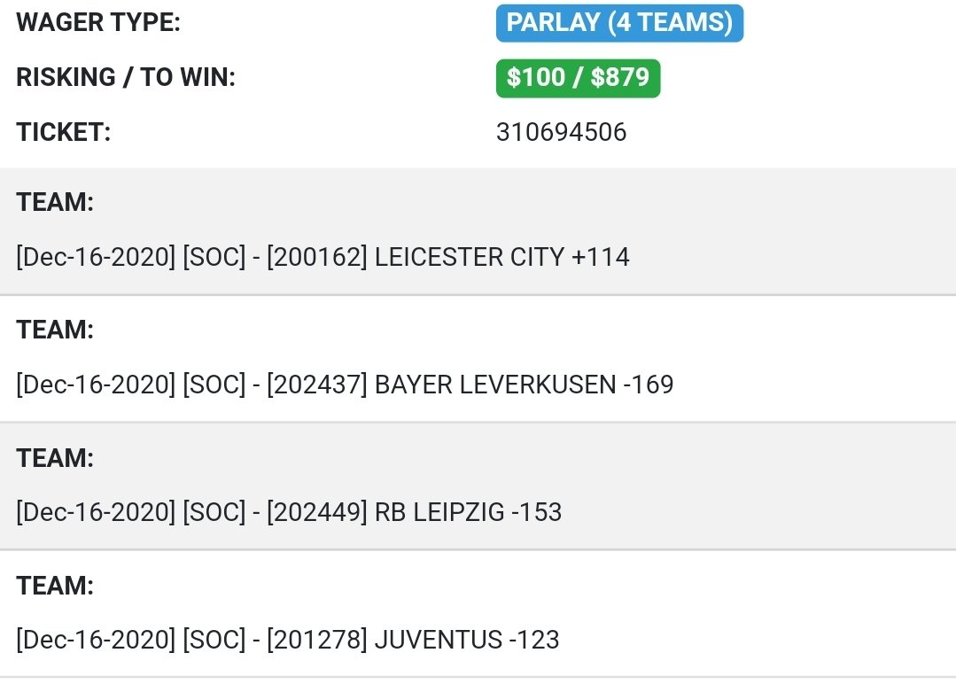 Sharp_Stacks's tweet image. #soccer ML parlay. #LeicesterCity is the riskiest but it's an early game so if they aren't doing well, I will be rebetting.
Good luck to us! #gamblingtwitter #picks #bets #parlays #football #Futbol #footy #soccerpicks #Bundesliga #SerieA #EPL