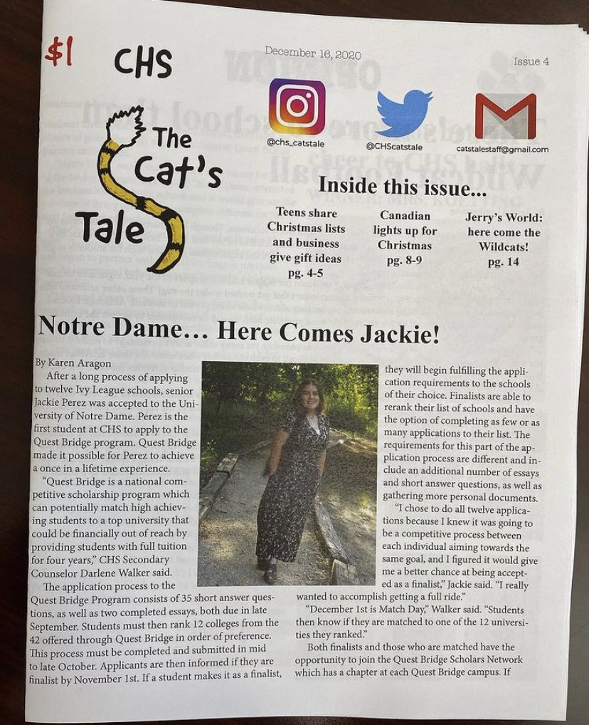 CHSCatsTale's tweet photo. Didn’t get a chance to grab your copy of the Christmas Edition of The Cat’s Tale? Don’t worry — you can find some at Brown Bag Roasters or Alexander’s! This month’s issue has a great story about Christmas gifts for teens, an excellent feature on CHS senior Jackie Perez, and more! https://t.co/xZP4KwaTu6