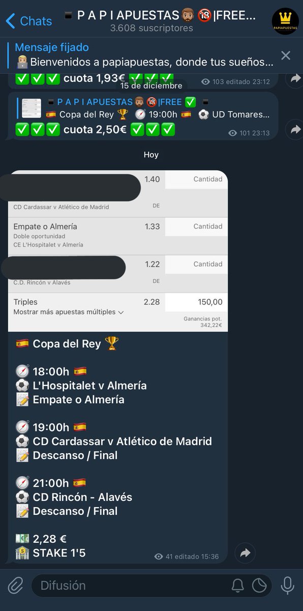 papiapuestas's tweet photo. 🇪🇸 Copa del Rey 🏆 

🧭 18:00h 🇪🇸 
⚽️ L'Hospitalet v Almería
📝 Empate o Almería

🧭 19:00h 🇪🇸 
⚽️ CD Cardassar v Atlético de Madrid
📝 Descanso / Final 

🧭 21:00h 🇪🇸 
⚽️ CD Rincón - Alavés
📝 Descanso / Final 

💶 2,28 €
🏦 STAKE 1'5 https://t.co/hRCWdMG24H