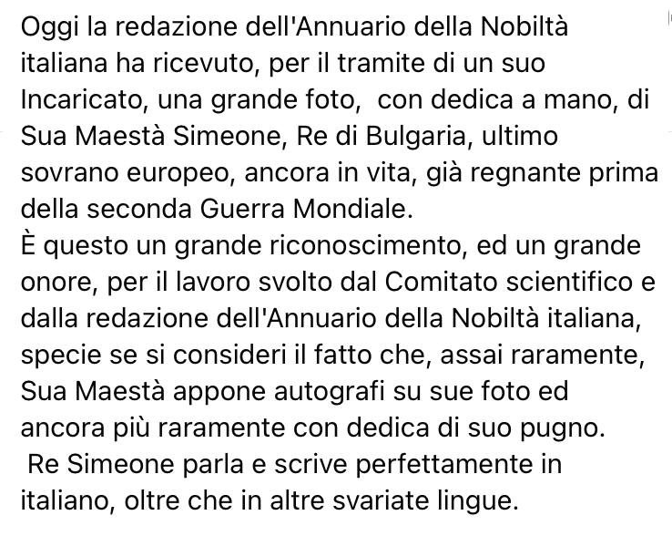 annuarionobilta's tweet photo. L'#AnnuarioDellaNobiltàItaliana ha ricevuto oggi una magnifica foto con dedica di Re #SimeoneII di #Bulgaria! https://t.co/1bdT6msHUI