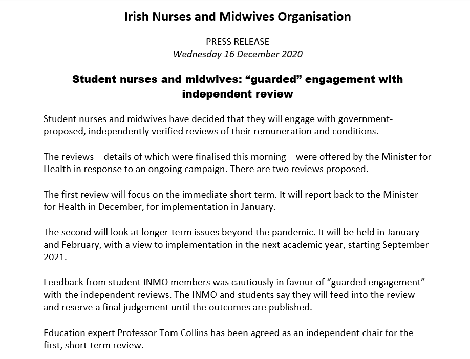 INMO_IRL's tweet photo. #PayStudentNursesAndMidwives update:
The government have proposed independent reviews on payments and conditions for student nurses and midwives.
Our student reps discussed the proposals today and agreed to "guarded engagement" with the reviews. https://t.co/FyOZ4GvvY2