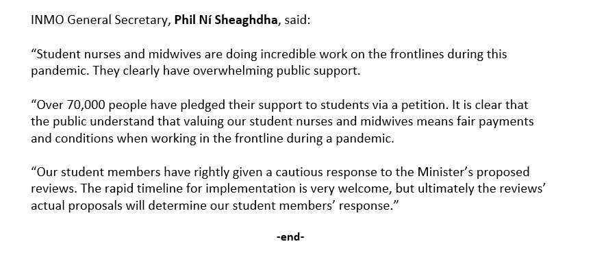 INMO_IRL's tweet photo. #PayStudentNursesAndMidwives update:
The government have proposed independent reviews on payments and conditions for student nurses and midwives.
Our student reps discussed the proposals today and agreed to "guarded engagement" with the reviews. https://t.co/FyOZ4GvvY2