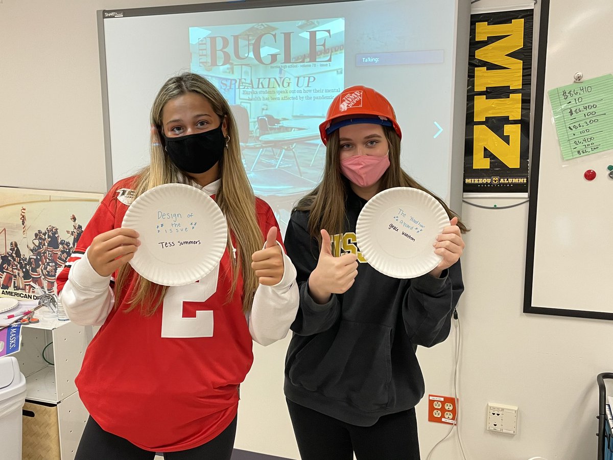 b_pearson's tweet photo. Bugle December Issue Awards.. Tess Summers, design of the issue. Hard hat award winner, Grace Walton. Sedona Sayers (not pictured), story of the issue. @EHS_hub #ehs63025 https://t.co/UaBdD6JxlF
