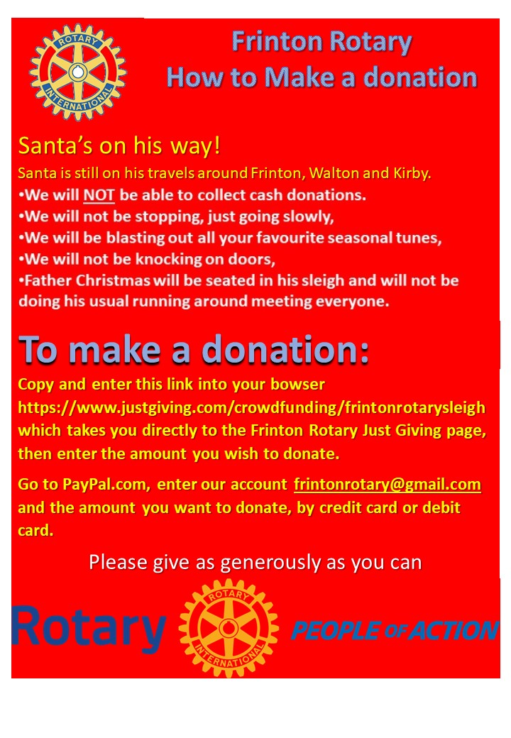 FrintonRotary's tweet photo. Christmas gets ever closer, Corona-19 continues to take a toll around the world. But there is a light at the end, Santa is coming down your way!
The links to our donation pages:-
https://t.co/VKvXb1nu4Z
 or via PAYPAL using frintonrotary@gmail.com https://t.co/hkueRlFNYZ