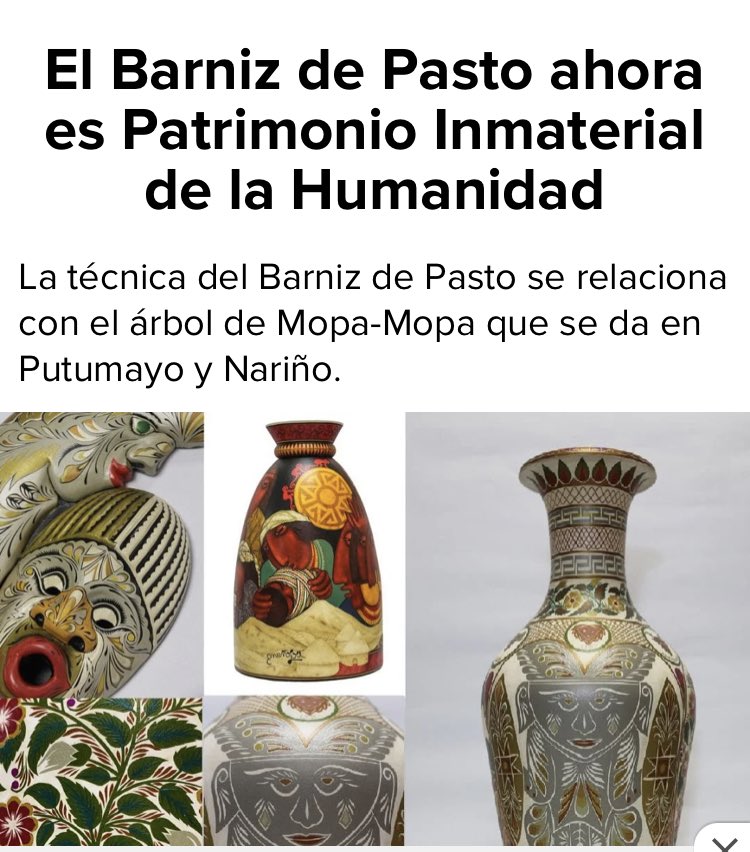 Helenayya_'s tweet photo. Una noticia que me gusta especialmente. Una de las cosas que me gustaría antes de morirme es comprar una de estas piezas en su lugar de origen #Ipromisemyself #PatrimonioInmaterial #Pasto https://t.co/ajaXp00uGn