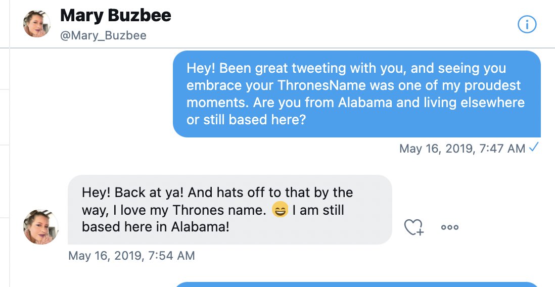 In May, I noticed Mary tweeting about Alabama and DM'd to ask if she was from here. I had no idea until then we were right down the road from each other!