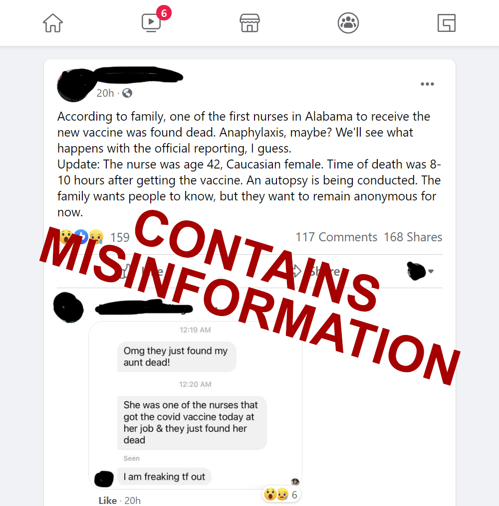 THREAD: Rumors & misinformation can easily circulate within communities during a crisis. Pictured is an example of a rumor or misinformation we have seen recently. There are multiple posts on social media reporting a death in Alabama of a recipient of the COVID-19 vaccine... 1/6