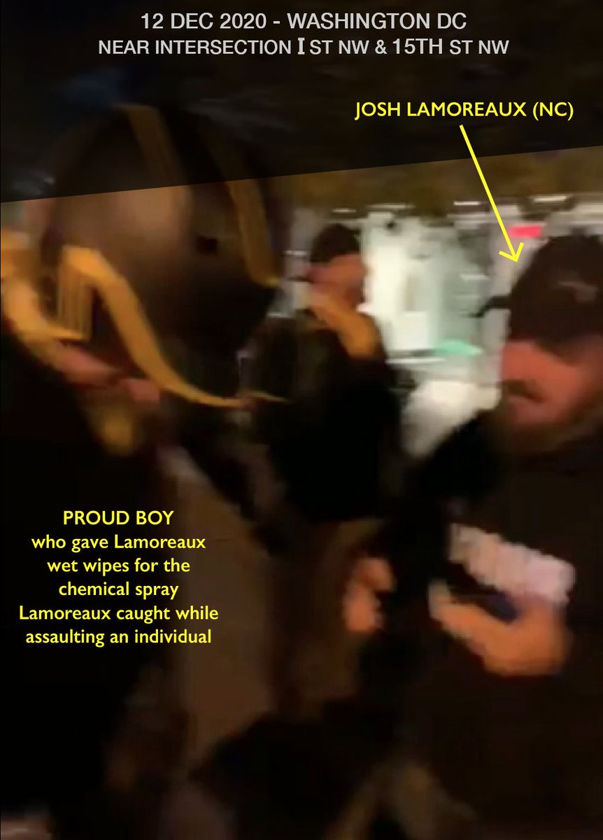 Lamoreaux removed his mask to receive first aid from some Proud Boys for the chemical spray on his face.The chemical spray was deployed by law enforcement.