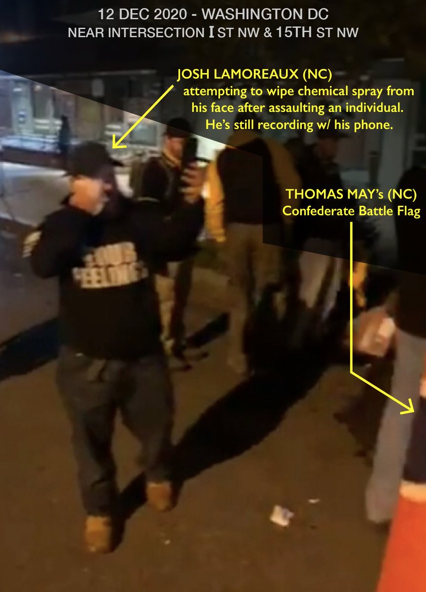 Lamoreaux removed his mask to receive first aid from some Proud Boys for the chemical spray on his face.The chemical spray was deployed by law enforcement.