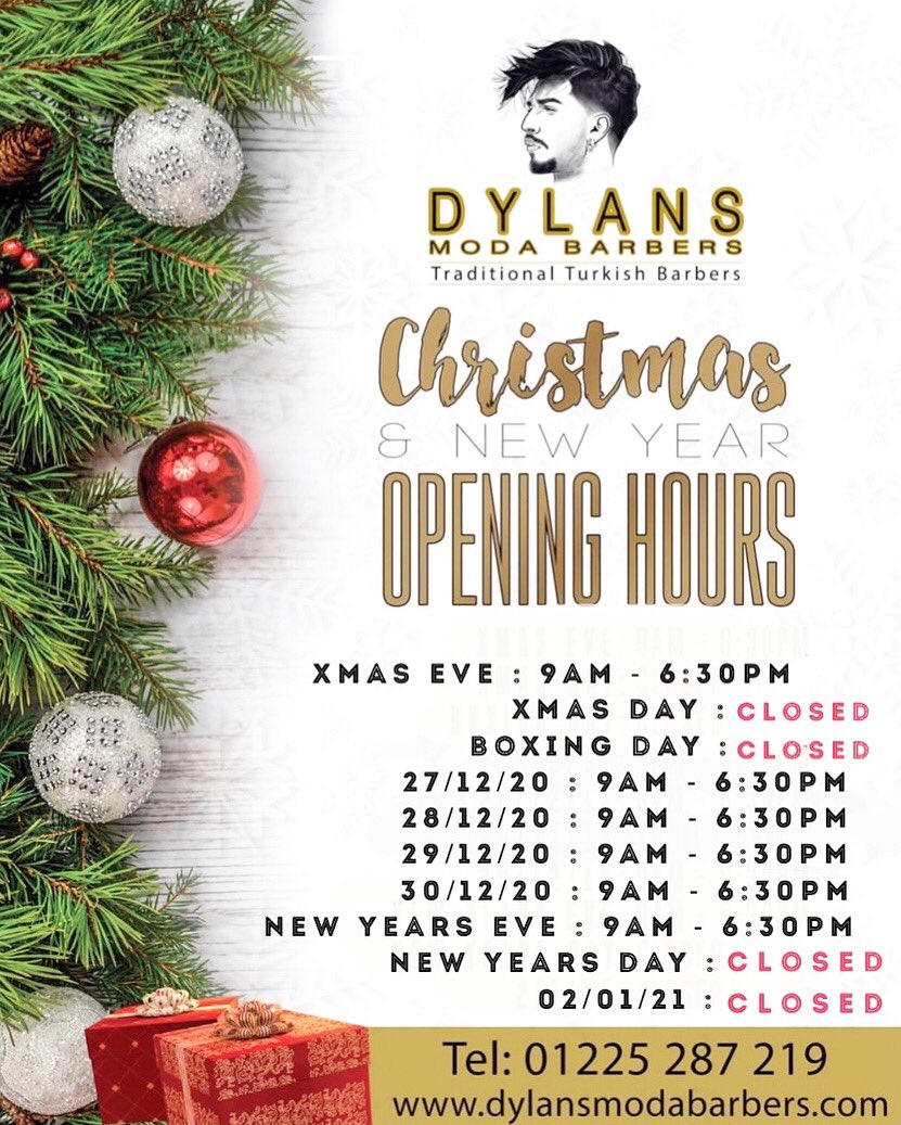 DylansModaBath's tweet image. 🎄⛄️ Our Christmas and New Year’s opening times 🙌🏻
We will be taking walk ins only and we are open beetwen Xmas and New Years🎉

Come in get your trims done before last day!💯

#dylansmodabarber #dylans #barbershop #bathcity #bestbarbers #Xmas #newyear