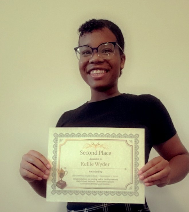karenruff's tweet photo. BHS's National Career Development Association Poetry &amp; Art Contest awarded 1st place to Cora Weems, 2nd place to Kellie Wyder &amp; 3rd place to Derrian Berry. Winners advanced to the State Contest with potential advancement to the National Contest.  @1ProudBengal @BlythewoodHigh https://t.co/SjKVwlAnQP