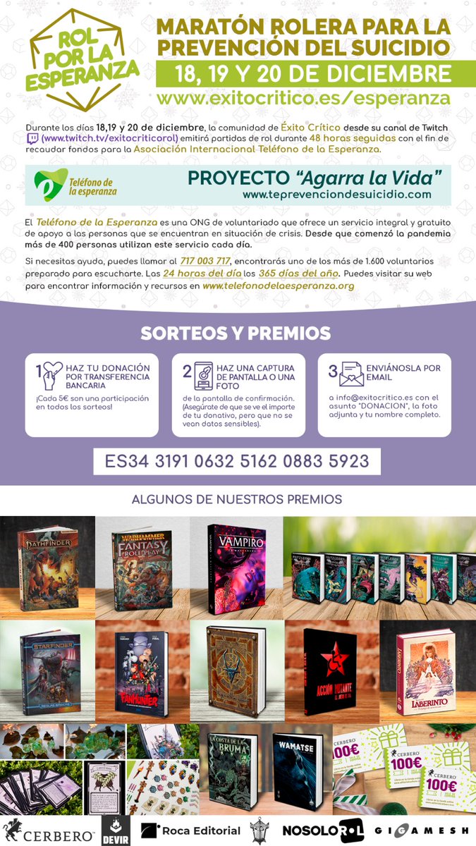 ✨💚 ¡Este fin de semana, 48 horas de rol por la prevención del suicidio y la eliminación de su estigma! 💚✨

Empezamos a las 17:00 del Viernes, pero desde YA podéis colaborar con la causa y entrar en TODOS los sorteos ¡desde solo 5€!

👇 ¡Moved esta imagen con TODA la info! 👇