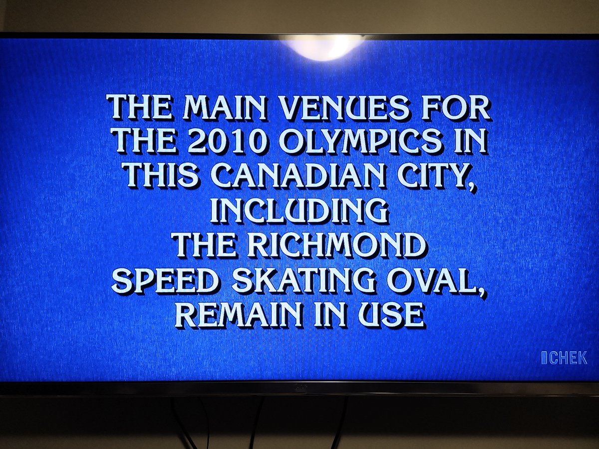 Very cool to see our own member, <a href="/RichmondOval/">Richmond Olympic Oval</a> as part of an answer on Jeopardy! #RichmondBC What is #Vancouver ?
