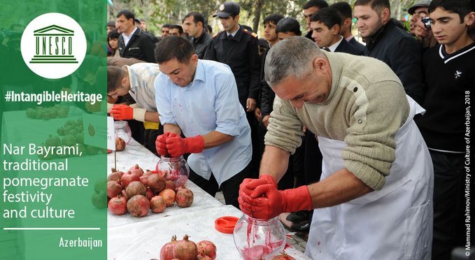 Vusal82's tweet photo. The traditional pomegranate festivity and culture, Nar Bayrami, has just been inscribed on the #IntangibleHeritage list. 
 
Congratulations #Azerbaijan 🇦🇿

https://t.co/gT9AJ7GPHX https://t.co/g3E0gkQMWU