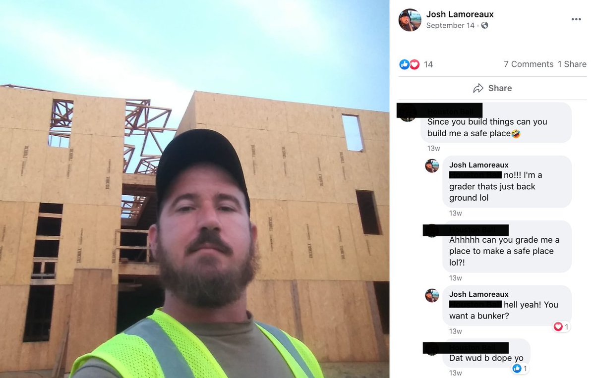 Josh Lamoreaux is allegedly a self-employed grader in Alamance Co NC when he’s not roaming the streets w/ Proud Boys hoping to kill and/or maim ppl in a pandemic.His mother posted the Telegraph vid of him doing the assault, noting his clothing on her FB timeline.