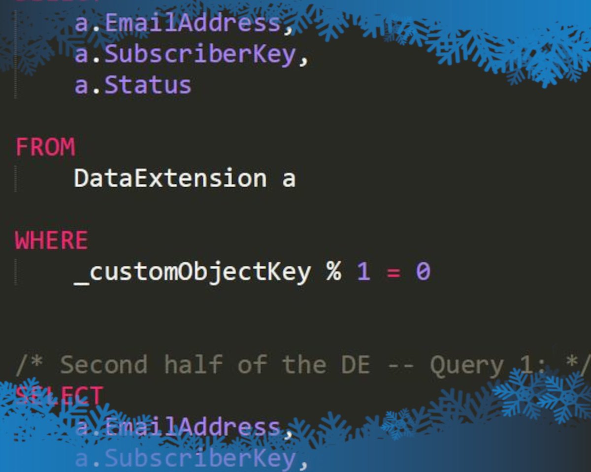 SunChowdhury's tweet photo. marketingcloud: RT @howtosfmc: 🎶On the fourth day of #Scriptmas #How2SFMC gave to me,
Protection from SQL timeouts,
The magic of dynamic AMPscript variables,
A trick to dedupe with SQL,
And a debugging process for SSJS!🎶
#12daysofScriptmas
☃️https:… https://t.co/Ab6nAm1iJf