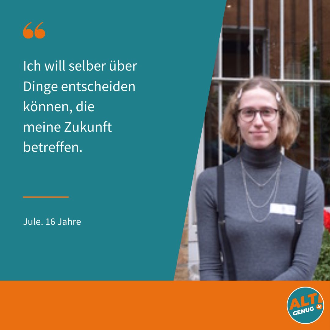 alt__genug's tweet photo. Jule, 16 Jahre

„Ich will selber über Dinge entscheiden können, die meine Zukunft betreffen.“  #wahlalterabsenkung16 #BadenWürttemberg #jugend https://t.co/pMsnap8ITF