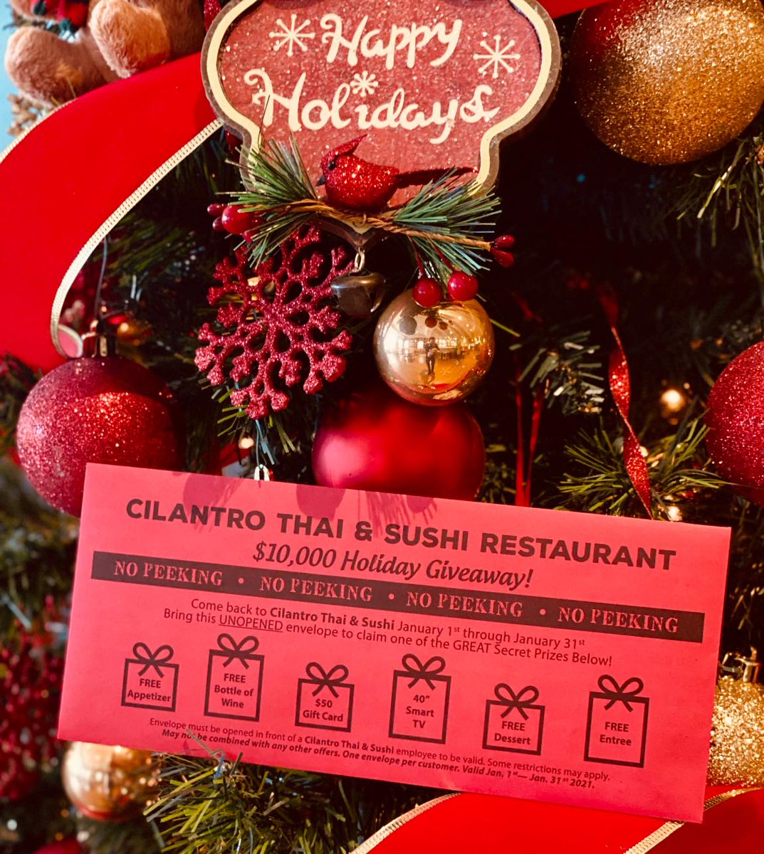 Not that you need further incentive to enjoy <a href="/CilantroThai/">Cilantro Thai&Sushi</a>'s delightful food, but now you can win nice prizes just for eating their food. All you have to do is spend $25 or more. Every envelope wins something! bit.ly/CilantroHoliday #HolidayGiveaway #akron