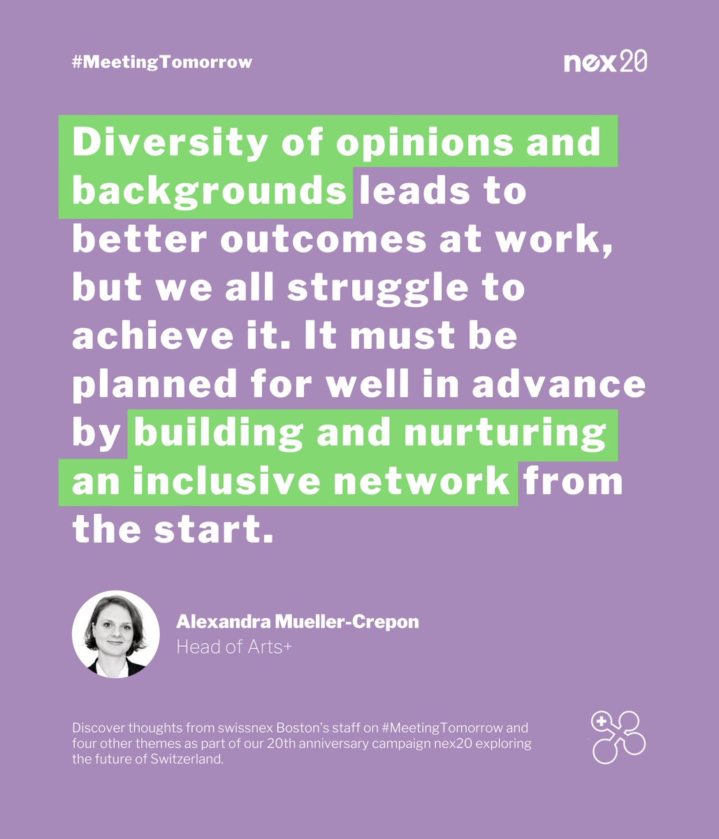 ________snx01's tweet photo. "How do you ensure you are creating the #diversity you need?" – Alexandra Mueller-Crepon, Head of Arts+, on #MeetingTomorrow. Stay tuned for additional thoughts from the swissnex Boston team and discover more about our 20th anniversary campaign #nex20 at https://t.co/7cDPy3eH89. https://t.co/Owd3QXCZTR