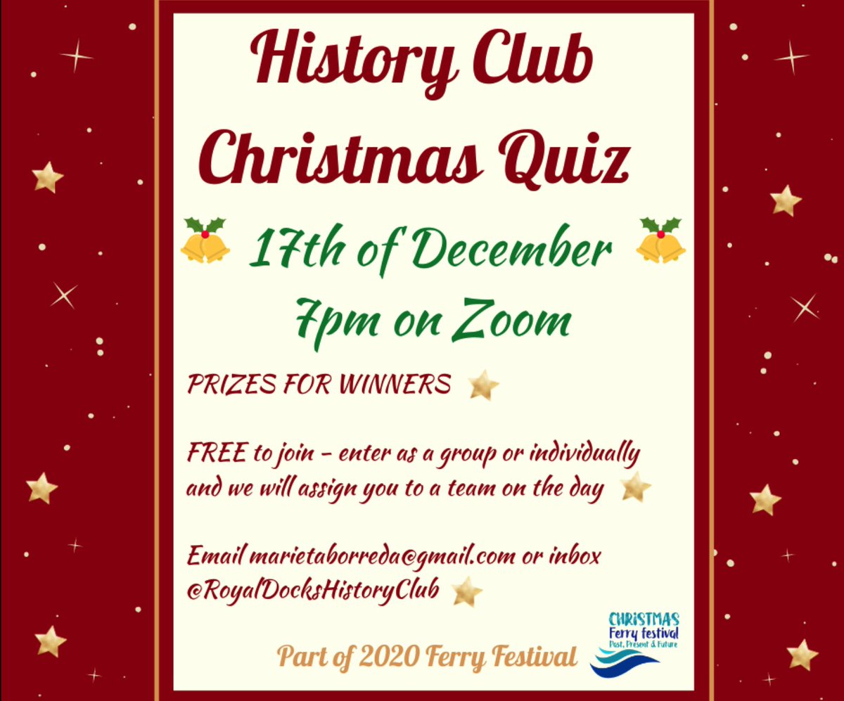 How much do you know about Christmas, history or <a href="/YourRoyalDocks/">The Royal Docks</a>? 

Fancy a fun challenge &amp; making new friends? Join the Royal Docks History Club Christmas Quiz tomorrow. 

FREE Entry &amp; Prizes for Winning Team 

Email marietaborreda@gmail.com by tomorrow 17th by 5pm to enter