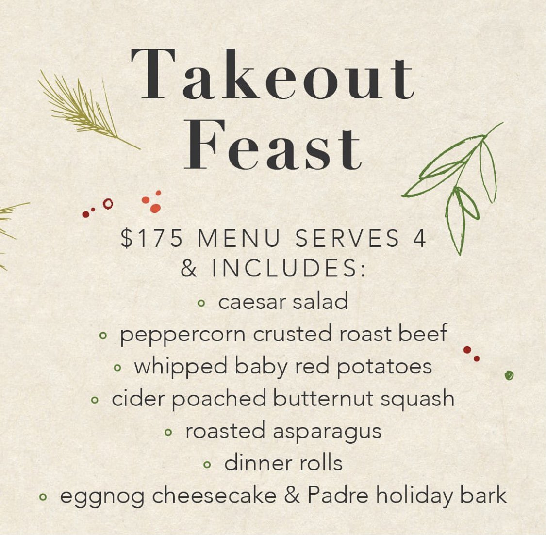 Bring a festive holiday feast home with you! 🎄✨ Deposit required at time of order, pickup times available from 12pm-6pm on Christmas Day. Orders must be received by 12/21/2020.
