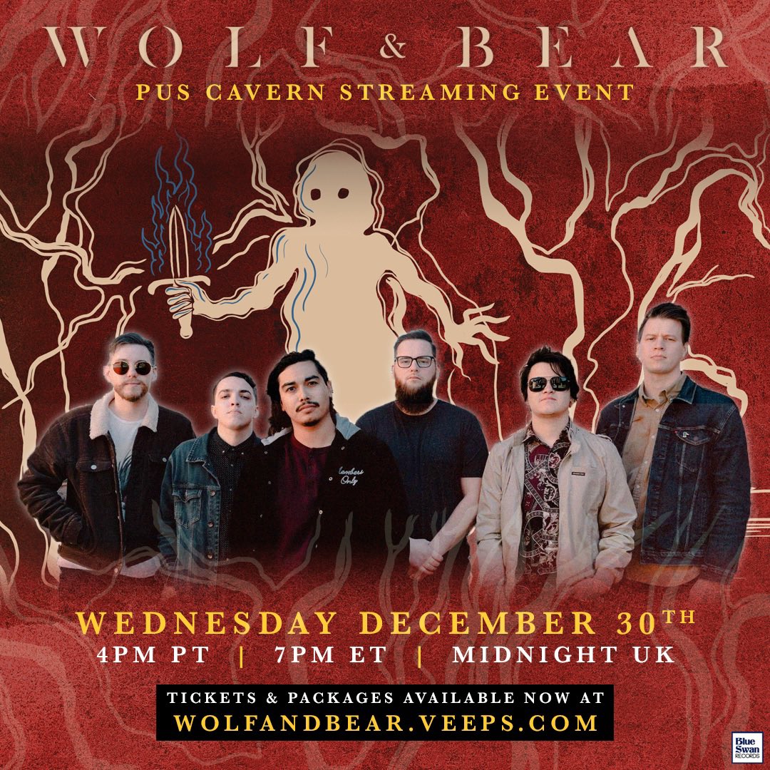 wolfandbearband's tweet photo. We’re excited to announce that our Pus Cavern Streaming Event will take place Wednesday December 30th at 4PM PT / 7PM ET / Midnight UK

Join us for a special set from Pus Cavern Recording in Sacramento, CA - tickets &amp; packages available now at https://t.co/8MFY0WYDro https://t.co/nqEloGL2Ez