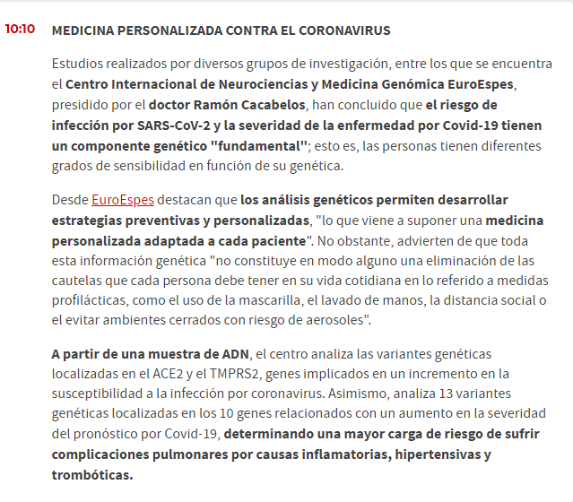 Euroespes's tweet photo. #COVID19: con una muestra de ADN, en EuroEspes podemos analizar las variantes genéticas localizadas en genes implicados en un incremento en la susceptibilidad a la infección y genes relacionados con un aumento en la severidad del pronóstico. @diarioas

#genetica #genomica https://t.co/sCdJXgiTo2