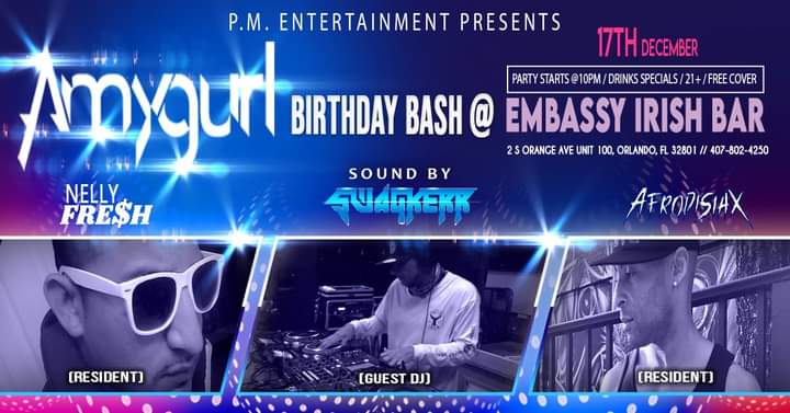 PMENTWORLDWIDE's tweet image. This and every thursday night with resident AfrodisiaX &amp;amp; Nelly Fre$h at Embassy Irish Bar in downtown Orlando.  This week is a special event.  It's Amygurl's Birthday Bash with special guest Swagkerr.  No cover!  See you there.  Event page:  fb.me/e/3JEQ2gz8L