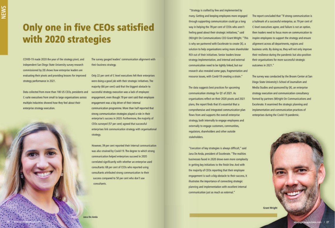 Thank you @StrategicMag for featuring our partners Jana De Anda, <a href="/Grant_Wright/">Grant Wright</a> and the C-suite research we conducted this year. If you are wondering how to better sync #strategy and #execution, visit pivotwithx.com/pivoting-into-… for the full insights report and pre-recorded #webinar.
