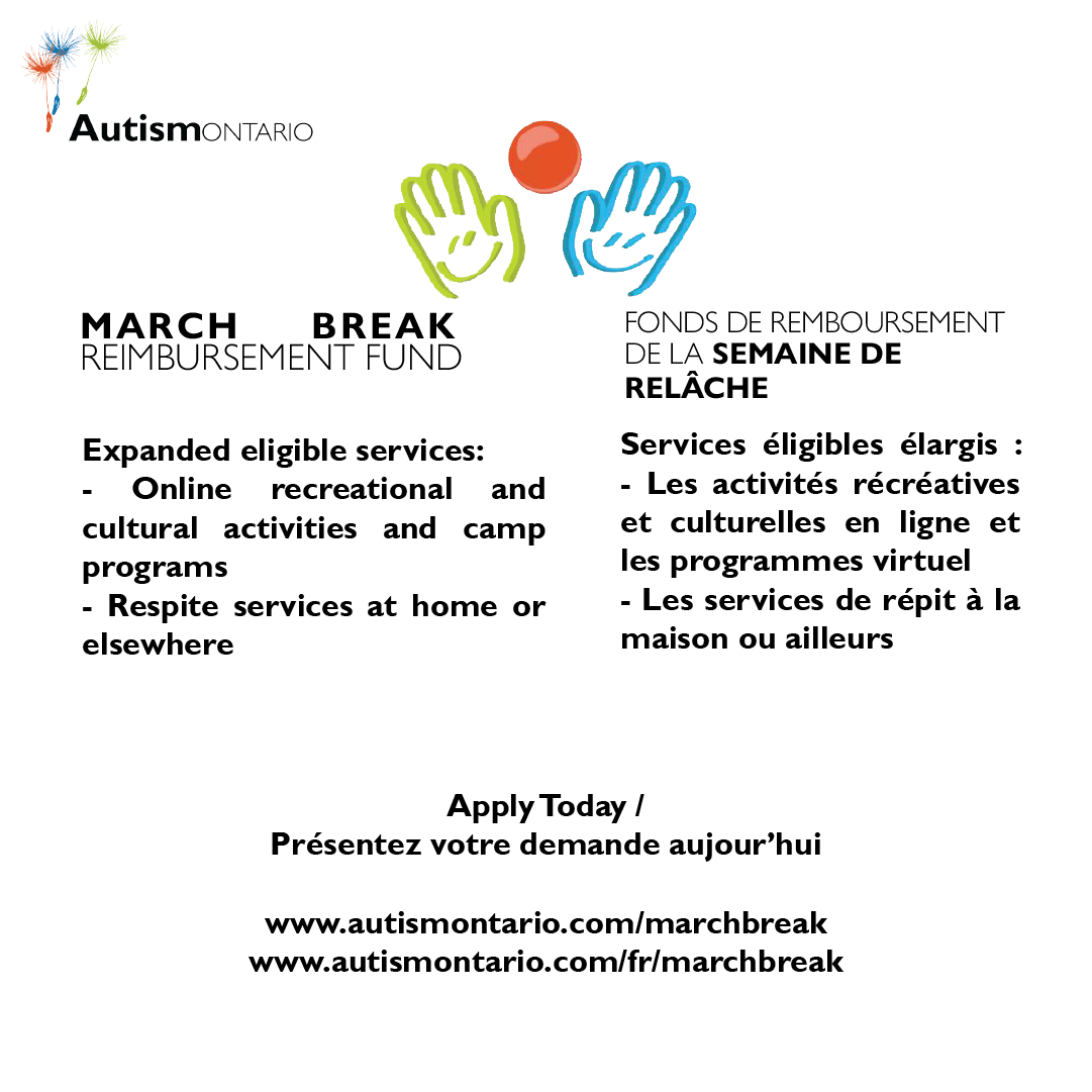 AutismONT's tweet photo. Financial support available for supporting your child on the autism spectrum during March Break! Apply for the 2021 March Break Reimbursement Fund! Applications are due January 22nd! https://t.co/dkYwYDyuDc https://t.co/KDa4R6drjy