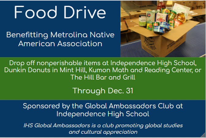 BigIGlobalSt's tweet photo. Global Studies students and anyone in the Mint Hill area--please support the food drive sponsored by our Global Ambassadors and benefitting Metrolina Native American Association. https://t.co/lEYhhqgOjz