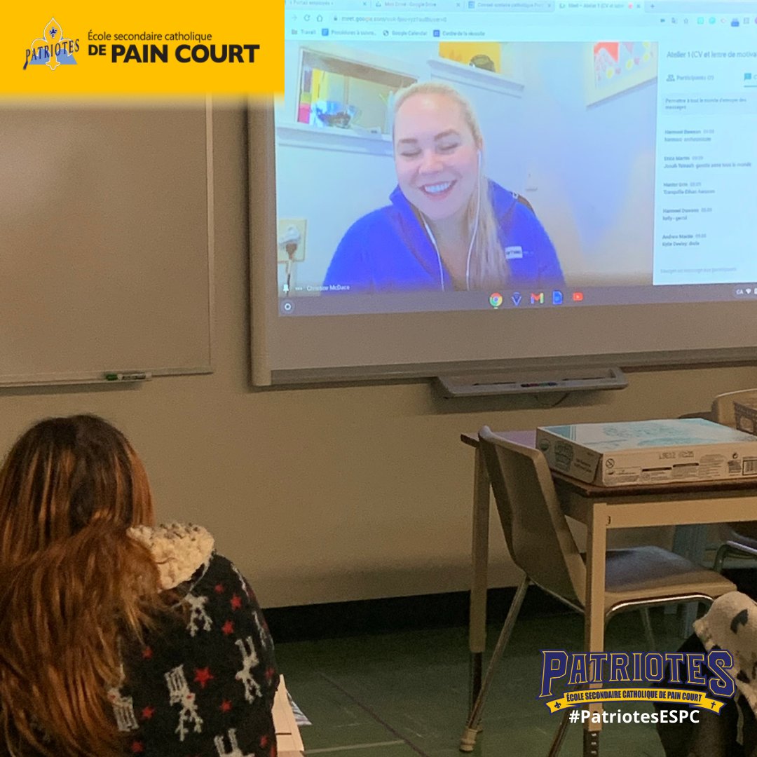 ESCPainCourt's tweet photo. La classe de français de 12e de @julia_mme a virtuellement invité Mme McDace, invitée du #Collègeboréal, à animer des ateliers sur la rédaction du CV ainsi que sur la préparation d’entrevues d’emploi. Il n’est jamais trop tôt pour préparer votre avenir !
#PatriotesESPC https://t.co/TrHfoELy2l
