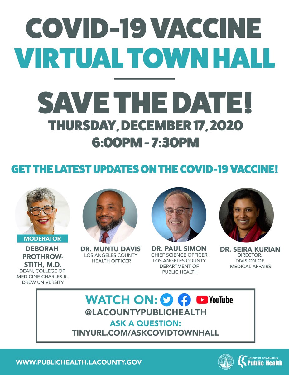 RepJudyChu's tweet photo. Do you have questions about the COVID-19 vaccine or when you might expect to get it? Join @lapublichealth for a COVID-19 Vaccine Virtual Townhall, this Thursday, 12/17, from 6-7:30 pm (PST).

Questions can be submitted in advance here: https://t.co/UcVHDwx5gZ https://t.co/Rbsjoo73rY