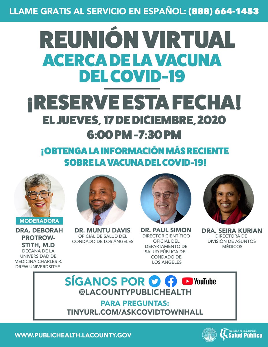 RepJudyChu's tweet photo. Do you have questions about the COVID-19 vaccine or when you might expect to get it? Join @lapublichealth for a COVID-19 Vaccine Virtual Townhall, this Thursday, 12/17, from 6-7:30 pm (PST).

Questions can be submitted in advance here: https://t.co/UcVHDwx5gZ https://t.co/Rbsjoo73rY