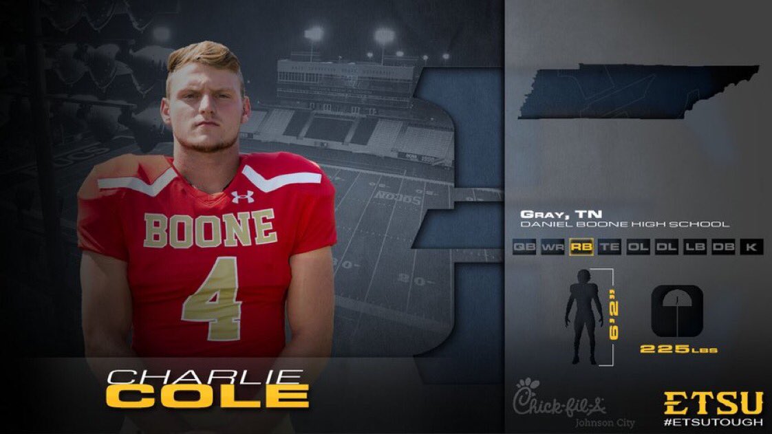 Bucs are staying local with the first of two NLIs on the day, beginning with Charlie Cole out of Daniel Boone!

📌 Gray, Tenn.
🏫 Daniel Boone HS
📹 tinyurl.com/yajhko8m
🐦 <a href="/charlie24994652/">charlie cole</a> 

#ETSUTough