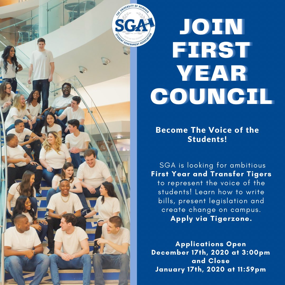 SGA_UofM's tweet photo. SGA is looking for ambitious First Year and Transfer Tigers to represent the voice of the students! Learn how to write bills, present legislation and create change on campus. Applications open via Tigerzone on December 17th, 2020 #gotigersgo 🐯💙 https://t.co/8Ja1quZHar