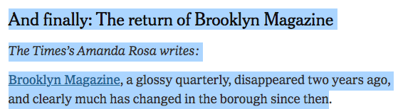 merrillbro's tweet image. Here's coverage in the @nytimes of the relaunch of the new @brooklynmag with new editor @slarkpope, podcast currently featuring @debimazar and a focus on the Brooklyn culture when community is vital. Proud at @tnp to be helping get it off the ground. 
nyti.ms/3oRSiI2