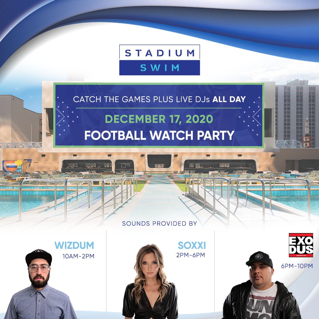 stadiumswim's tweet photo. Join us tomorrow to watch the game on our 143 ft diagonal screen from our heated pools and cabanas🔥 

Chargers VS Raiders 🏈 
Kickoff @ 5:20 PM

FULL AUDIO 🔊 

#StadiumSwim #CircaLasVegas #DTLV https://t.co/hv3ic3eKZE