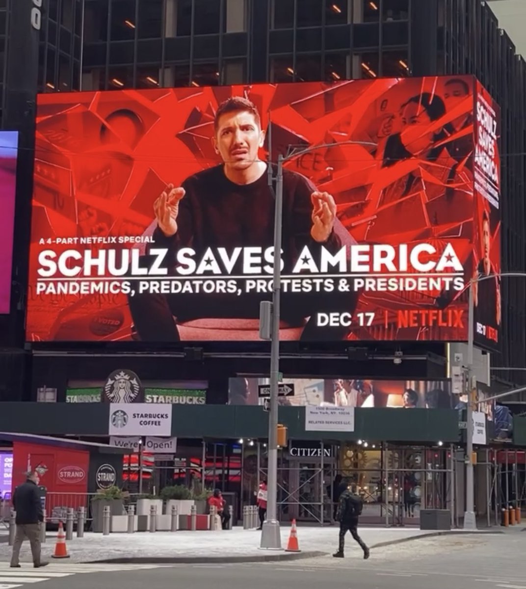 andrewschulz's tweet photo. Man it hits different when you grew up looking at these. Last night my folks got to see their kid on a billboard in Times Square. I don’t care if no one is on the streets anymore bc of corona. That was a special moment for me. 

12/17 #SchulzSavesAmerica @NetflixIsAJoke https://t.co/WDheolmYDo
