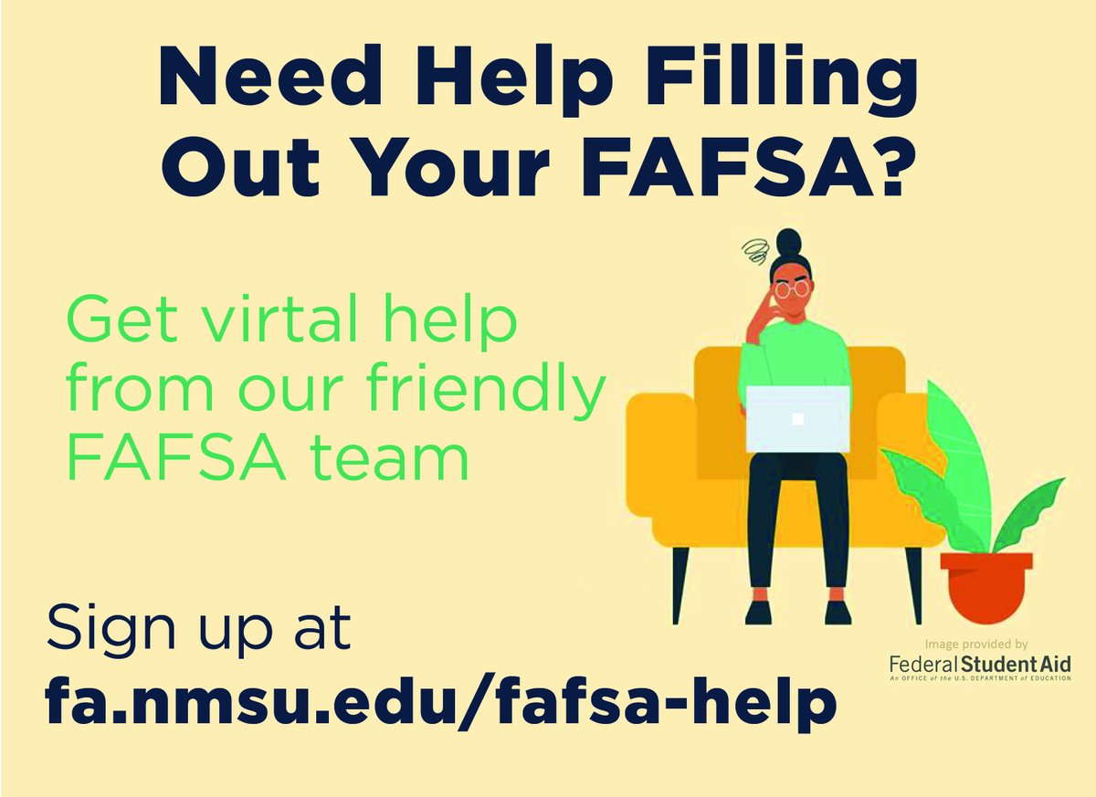 Get free help from NMSU FAFSA experts! We'll help answer your questions and guide you on your application. Visit fa.nmsu.edu/fafsa-help for more information and to sign up for the next available appointment 📱💻👈