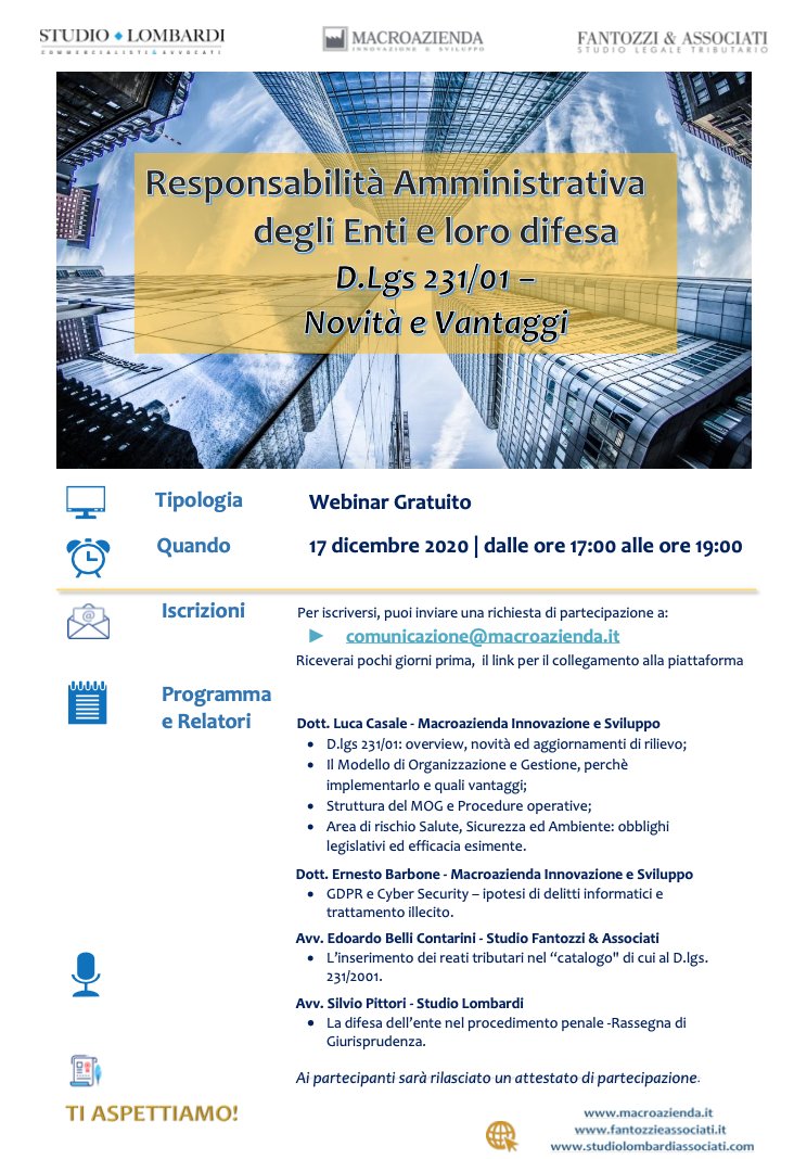 Al webinar di domani (h.17), promosso da <a href="/StudioFantozzi/">Fantozzi e Associati</a>, Studio Lombardi e Macroazienda Innovazione e Sviluppo, interverranno, tra gli altri, Edoardo Belli Contarini, partner <a href="/StudioFantozzi/">Fantozzi e Associati</a>, e Silvio Pittori di Studio Lombardi. Per iscriversi: comunicazione@macroazienda.it