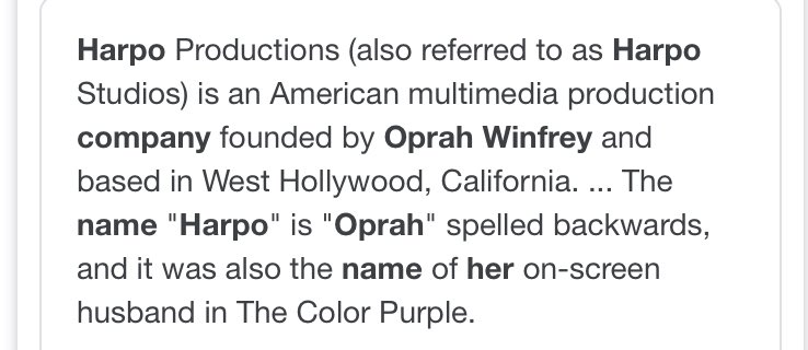 Oprah’s big onscreen break came from the Colour Purple. Where she played Harpo’s wife. Oprah is Harpo backward. The backward language often used for deception