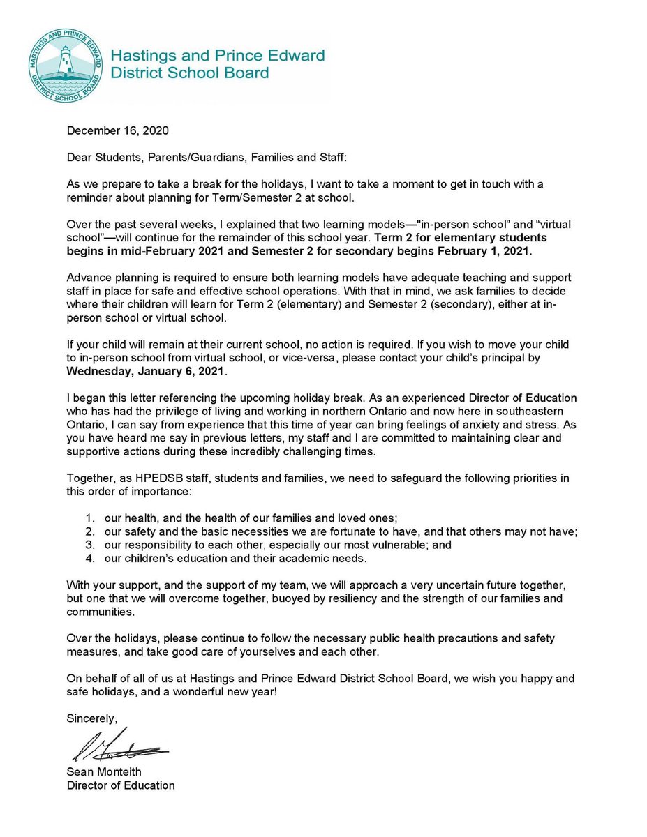 Letter from our director about shifting from face to face to virtual or vice versa.