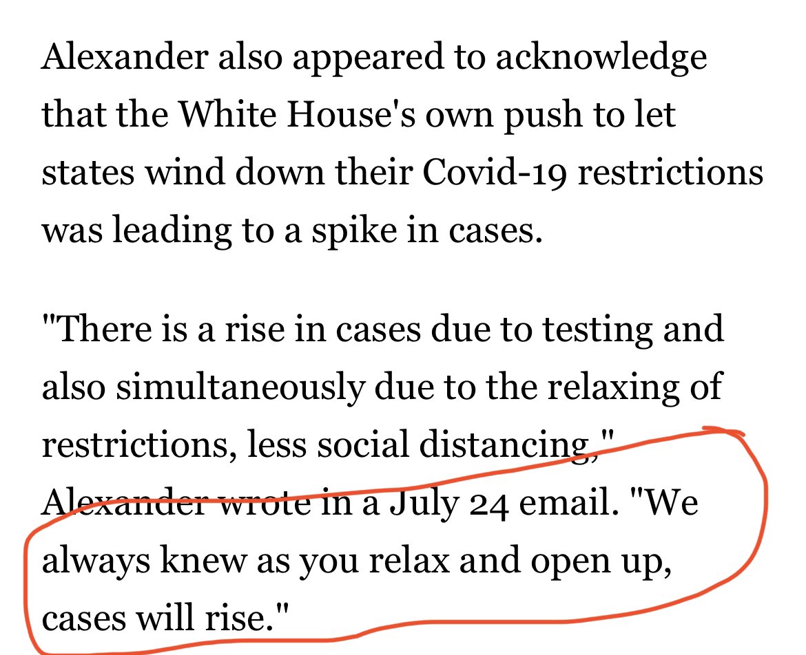4) WHOA WAIT—Now they actually acknowledge that **they knew relaxing restrictions would lead to more infections**. They just blurted it out! This is now pretty slam dunk damning of the entire Trump WH and Trump HHS.