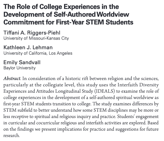 NRCFYESIT's tweet image. In a new study, researchers explore the role college experiences play in the development of a self-authored spiritual worldview in first-year STEM students transitioning to college. Journal of The First-Year Experience &amp;amp; Students in Transition available at bit.ly/JFYESIT322e