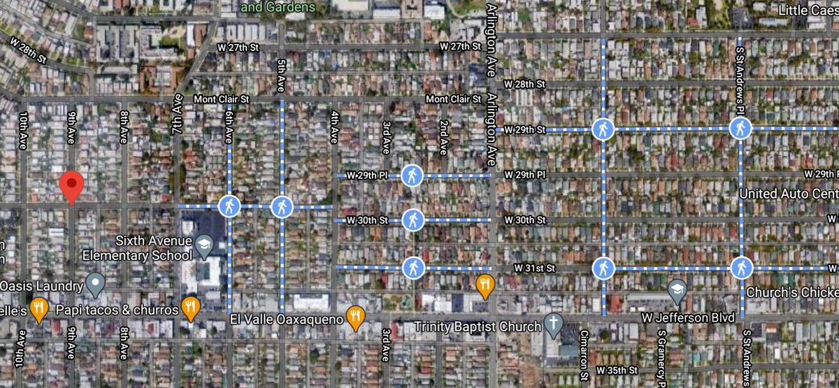 Just for reference, the red marker is around the area where Nabor was killed. Slow streets (blue dashed lines) can be seen just a few blocks to the east.
