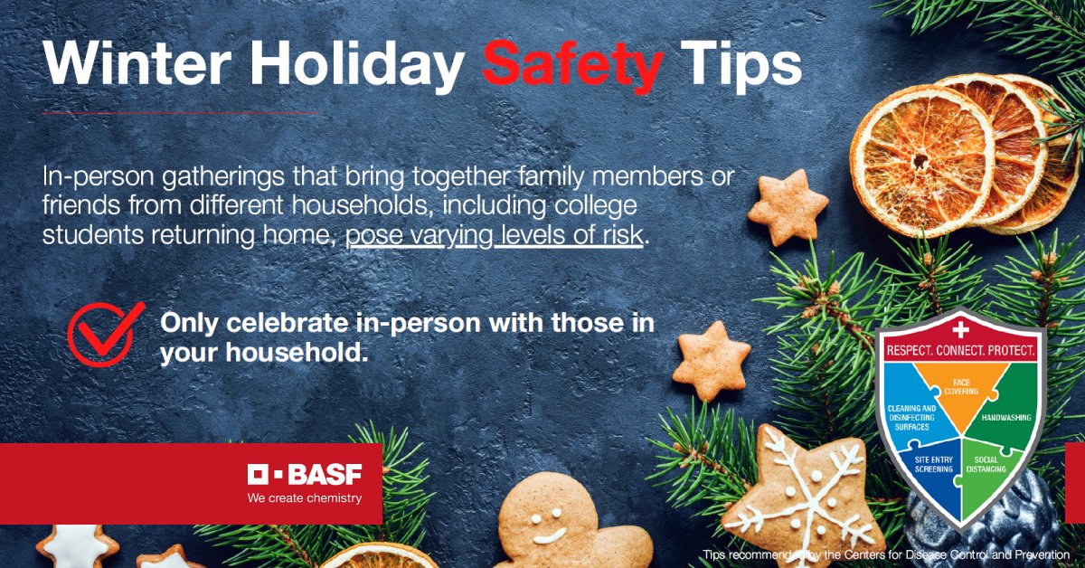 BASFCorporation's tweet photo. This holiday season, the health and safety of our loved ones is more important than ever. In-person celebrations with only the people in your household is the best way to minimize risk. Virtual celebrations with others are a great way to stay connected! #BASF_PledgeToProtect https://t.co/UMFlfJphtM